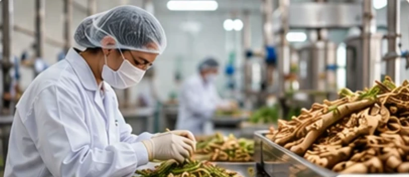 Technician sorting herbs in the Ayush Extracts processing facility