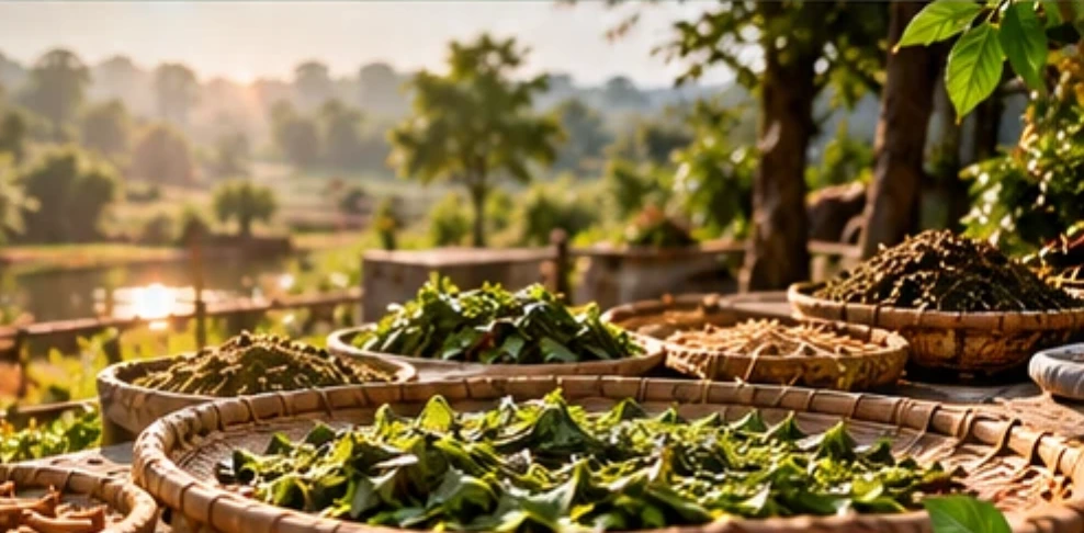 Baskets of freshly harvested herbs drying in the morning sun
