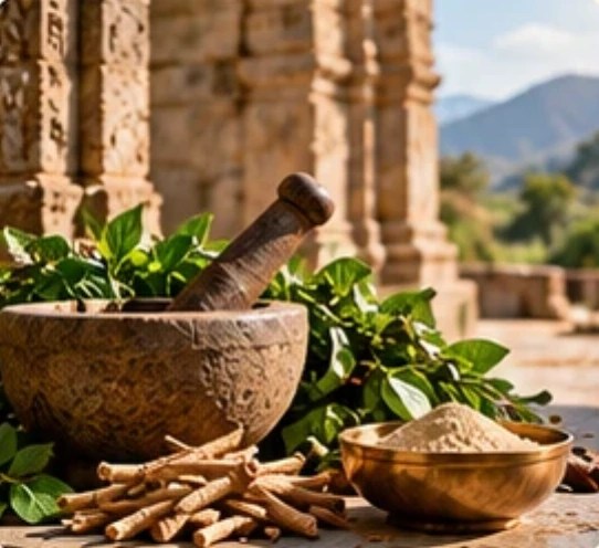 Stone mortar and pestle with fresh herbs, roots and extract powder