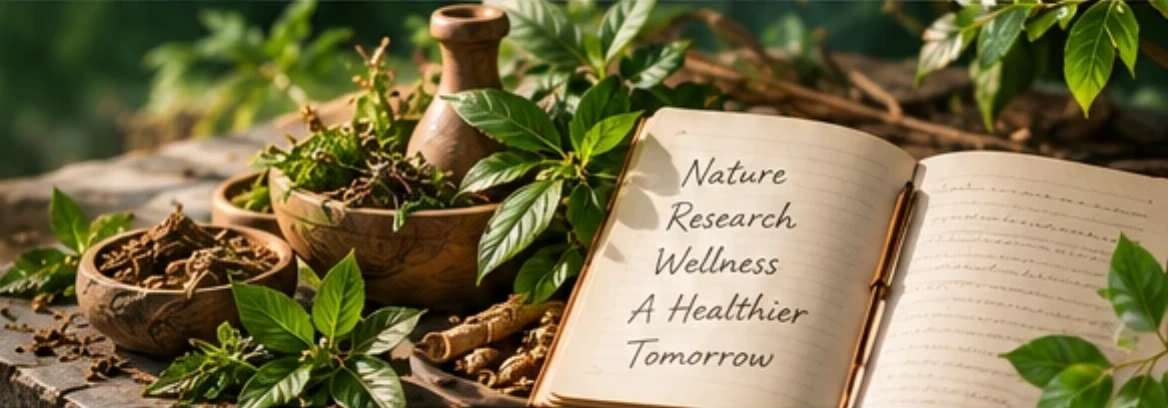 Herbs, mortar and an open notebook on a stone table