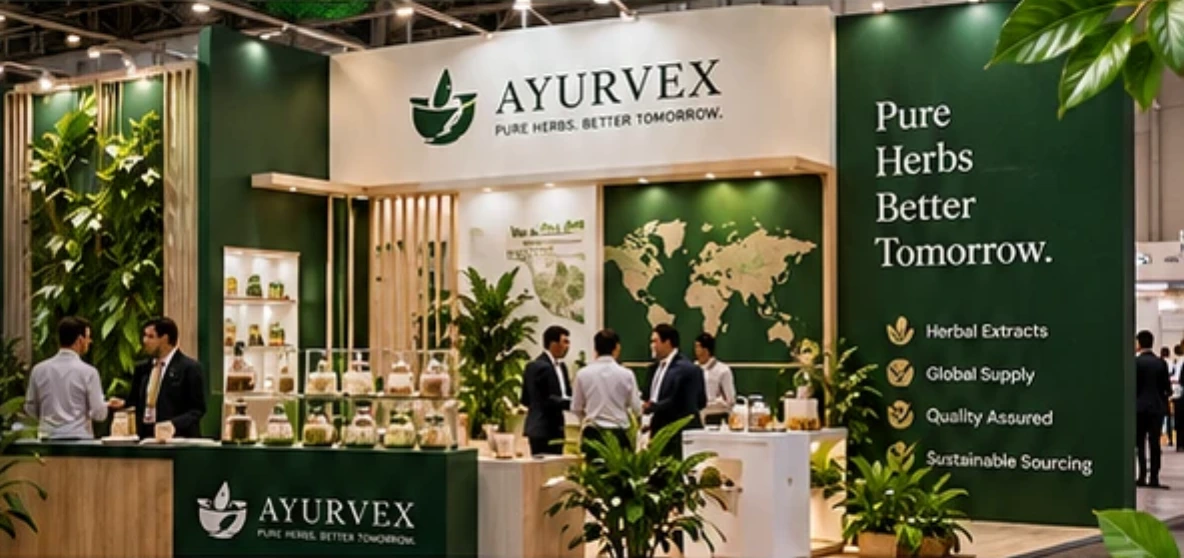 The Ayush Extracts exhibition booth at an international trade show