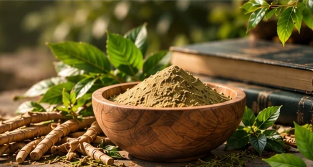 Herbal extract powder in a wooden bowl with dried roots and old books