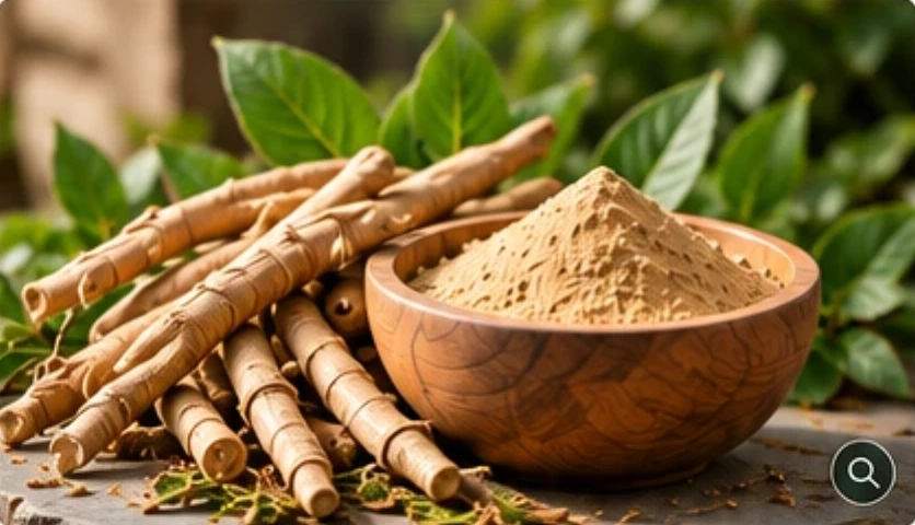 Ashwagandha roots with extract powder in a wooden bowl