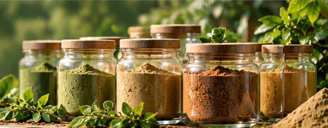 Glass jars of herbal extract powders in warm sunlight